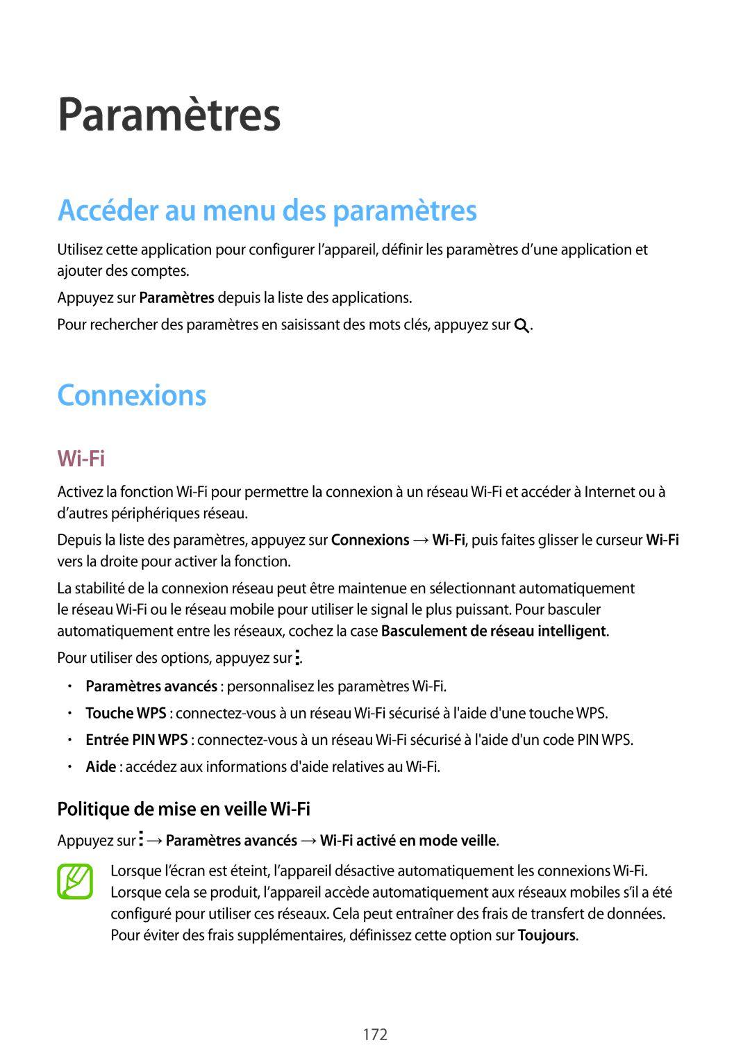 Samsung SM-T705NZWAXEF manual Paramètres, Accéder au menu des paramètres, Connexions, Politique de mise en veille Wi-Fi 