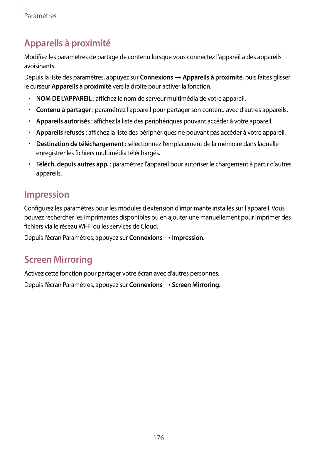 Samsung SM-T705NZWAXEF manual Appareils à proximité, Impression, Screen Mirroring 