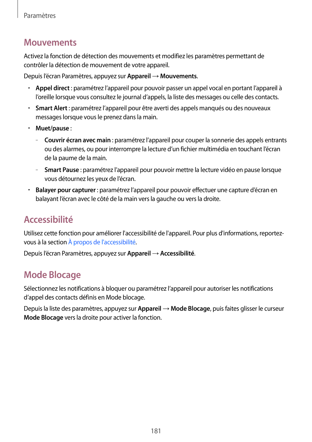 Samsung SM-T705NZWAXEF manual Mouvements, Accessibilité, Mode Blocage, Muet/pause 