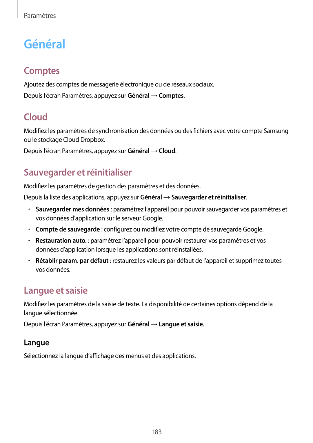 Samsung SM-T705NZWAXEF manual Général, Comptes, Cloud, Sauvegarder et réinitialiser, Langue et saisie 