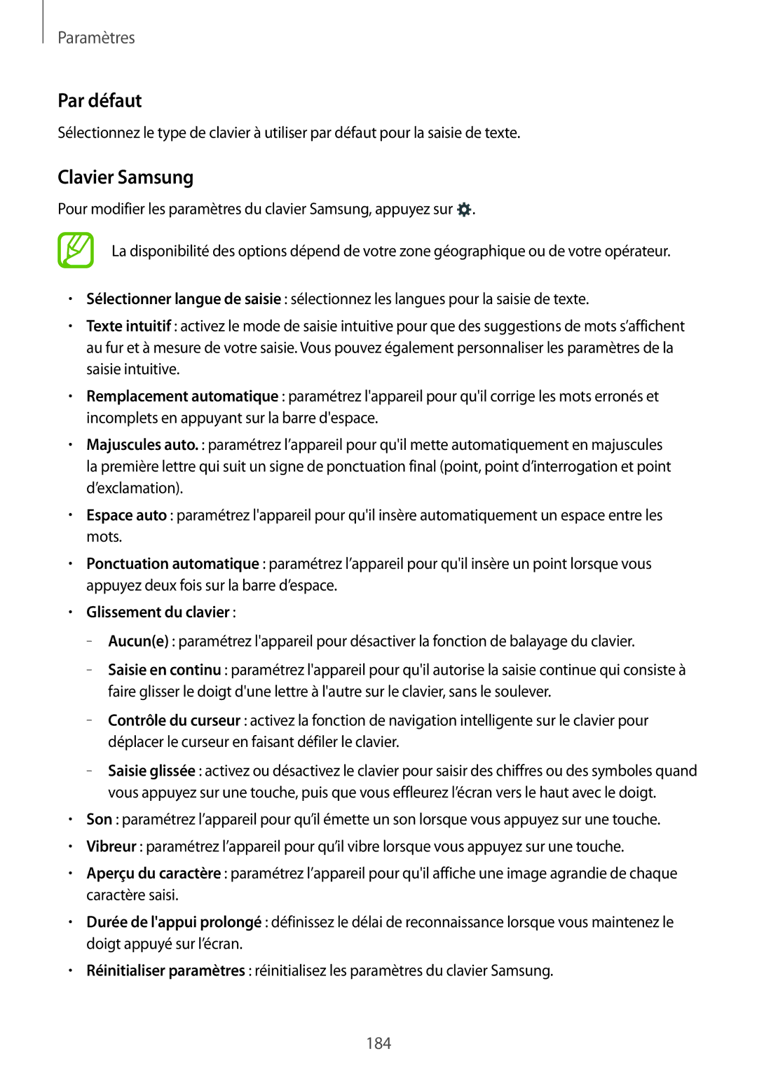 Samsung SM-T705NZWAXEF manual Par défaut, Clavier Samsung, Glissement du clavier 