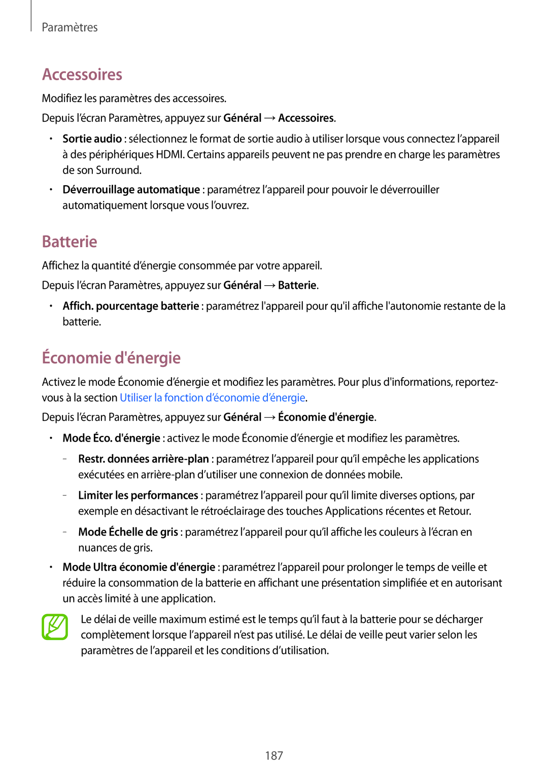 Samsung SM-T705NZWAXEF manual Accessoires, Batterie, Économie dénergie 