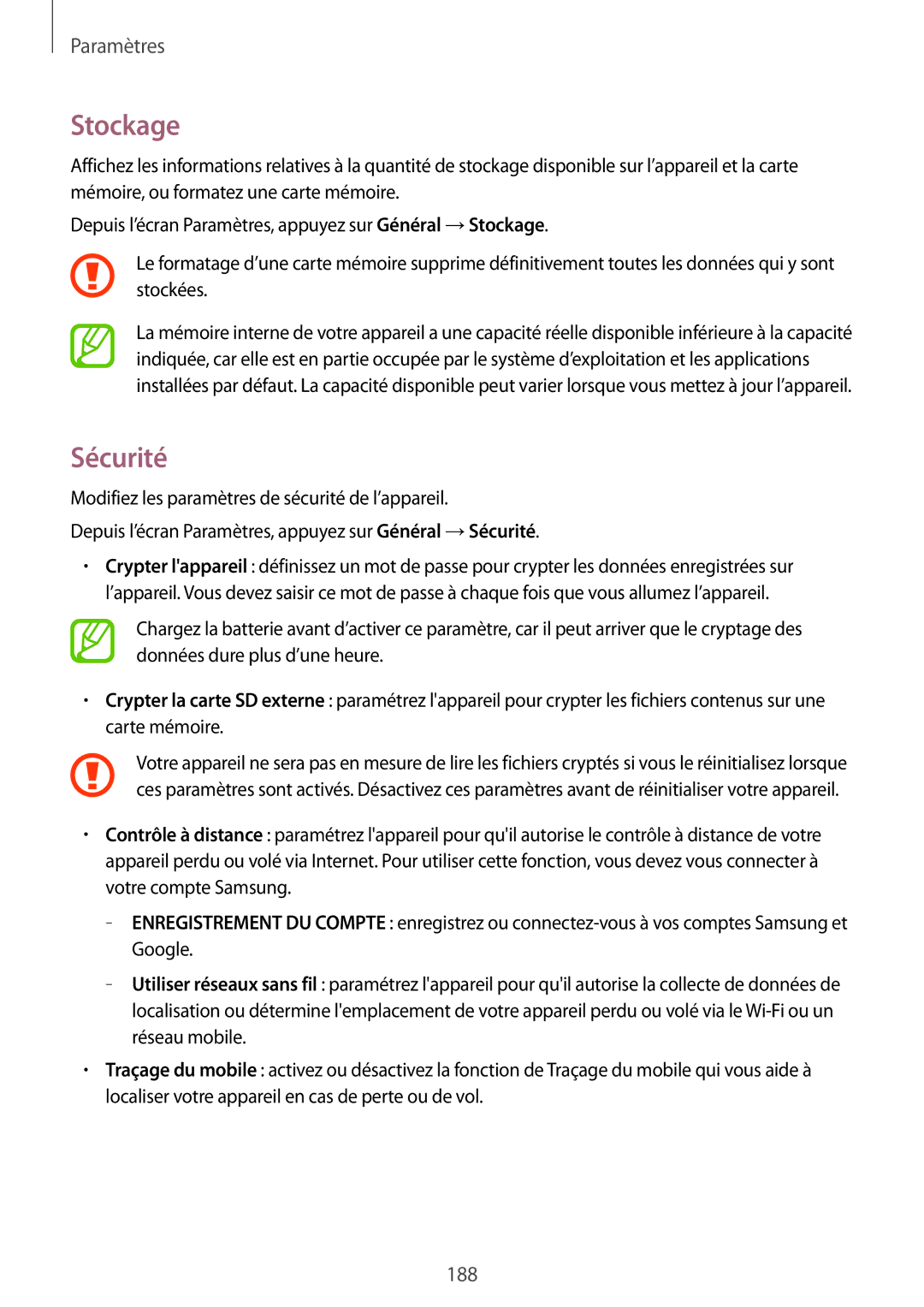 Samsung SM-T705NZWAXEF manual Stockage, Sécurité 