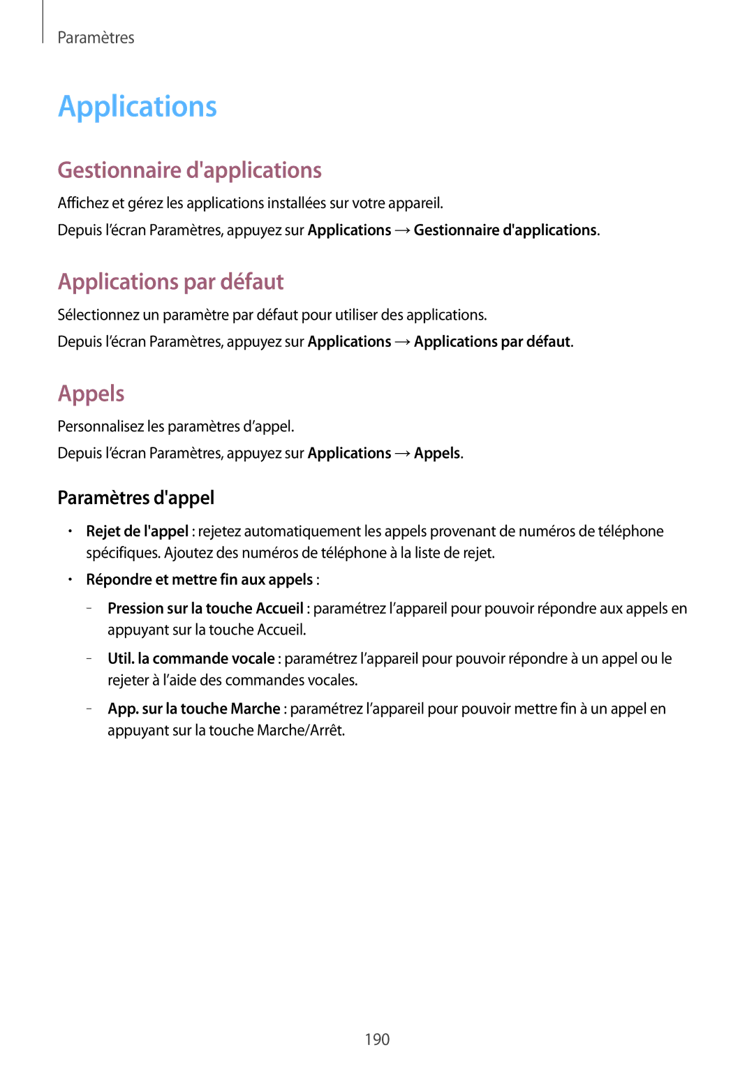 Samsung SM-T705NZWAXEF manual Gestionnaire dapplications, Applications par défaut, Appels, Paramètres dappel 