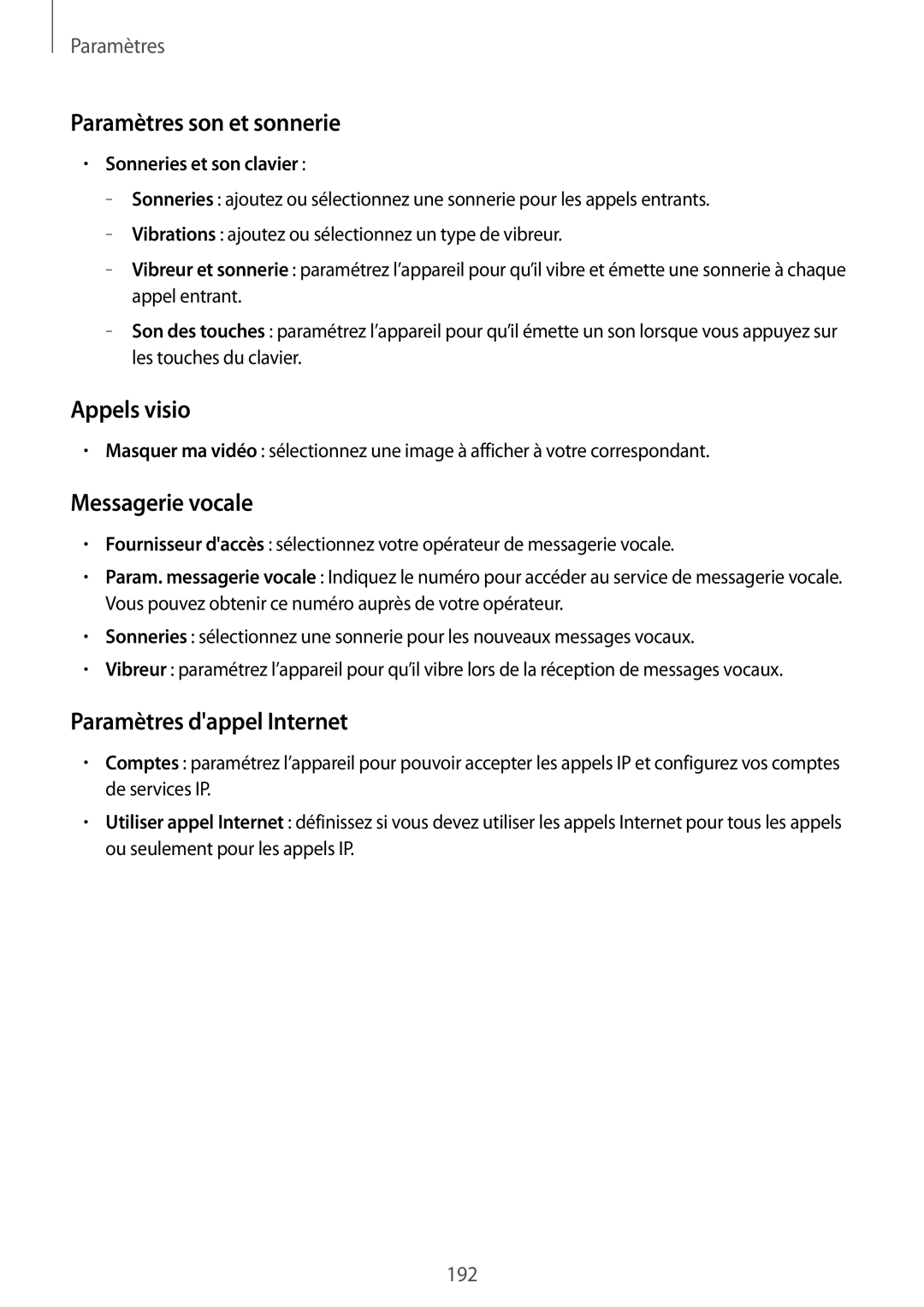 Samsung SM-T705NZWAXEF manual Paramètres son et sonnerie, Appels visio, Messagerie vocale, Paramètres dappel Internet 