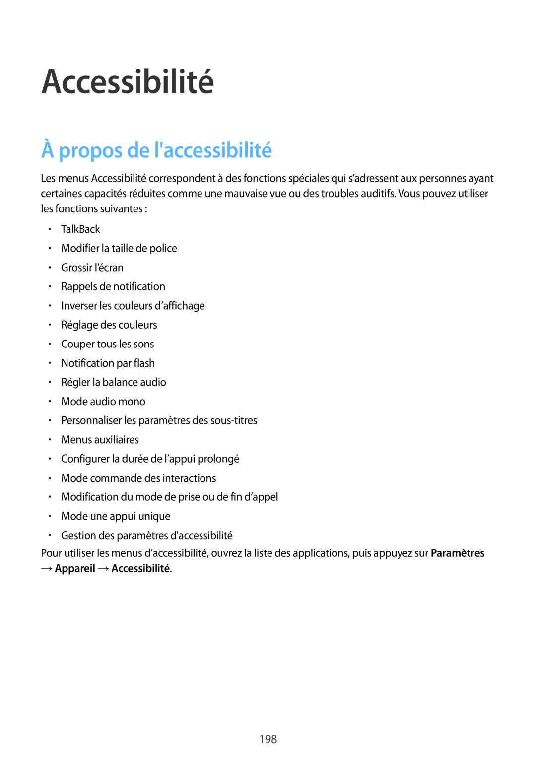 Samsung SM-T705NZWAXEF manual Propos de laccessibilité, → Appareil →Accessibilité 