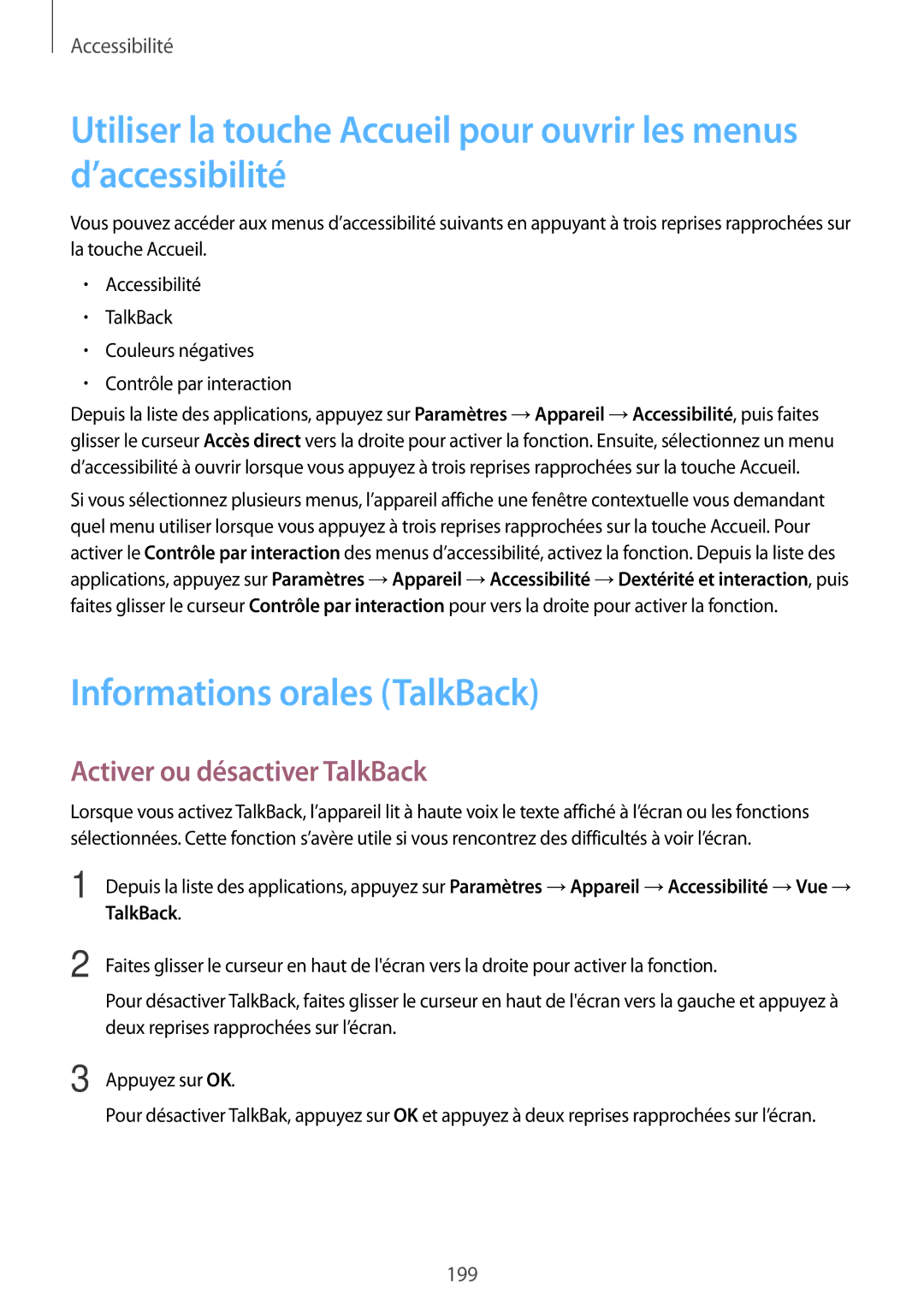 Samsung SM-T705NZWAXEF manual Informations orales TalkBack, Activer ou désactiver TalkBack 