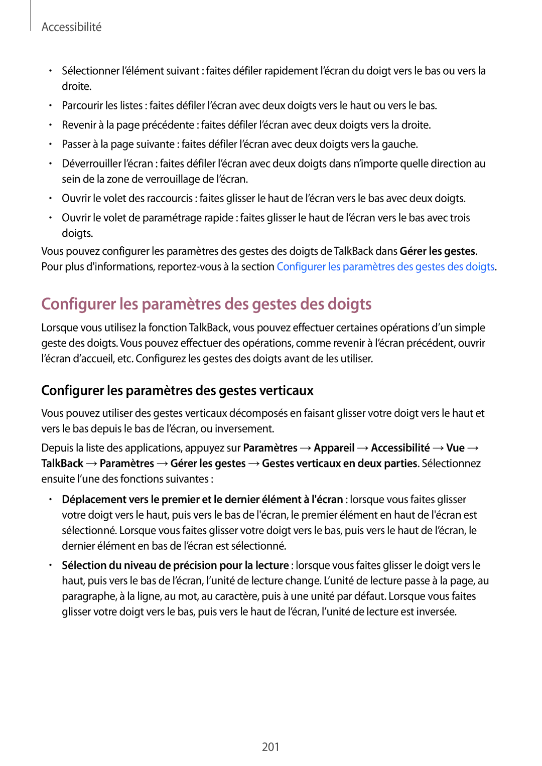 Samsung SM-T705NZWAXEF Configurer les paramètres des gestes des doigts, Configurer les paramètres des gestes verticaux 