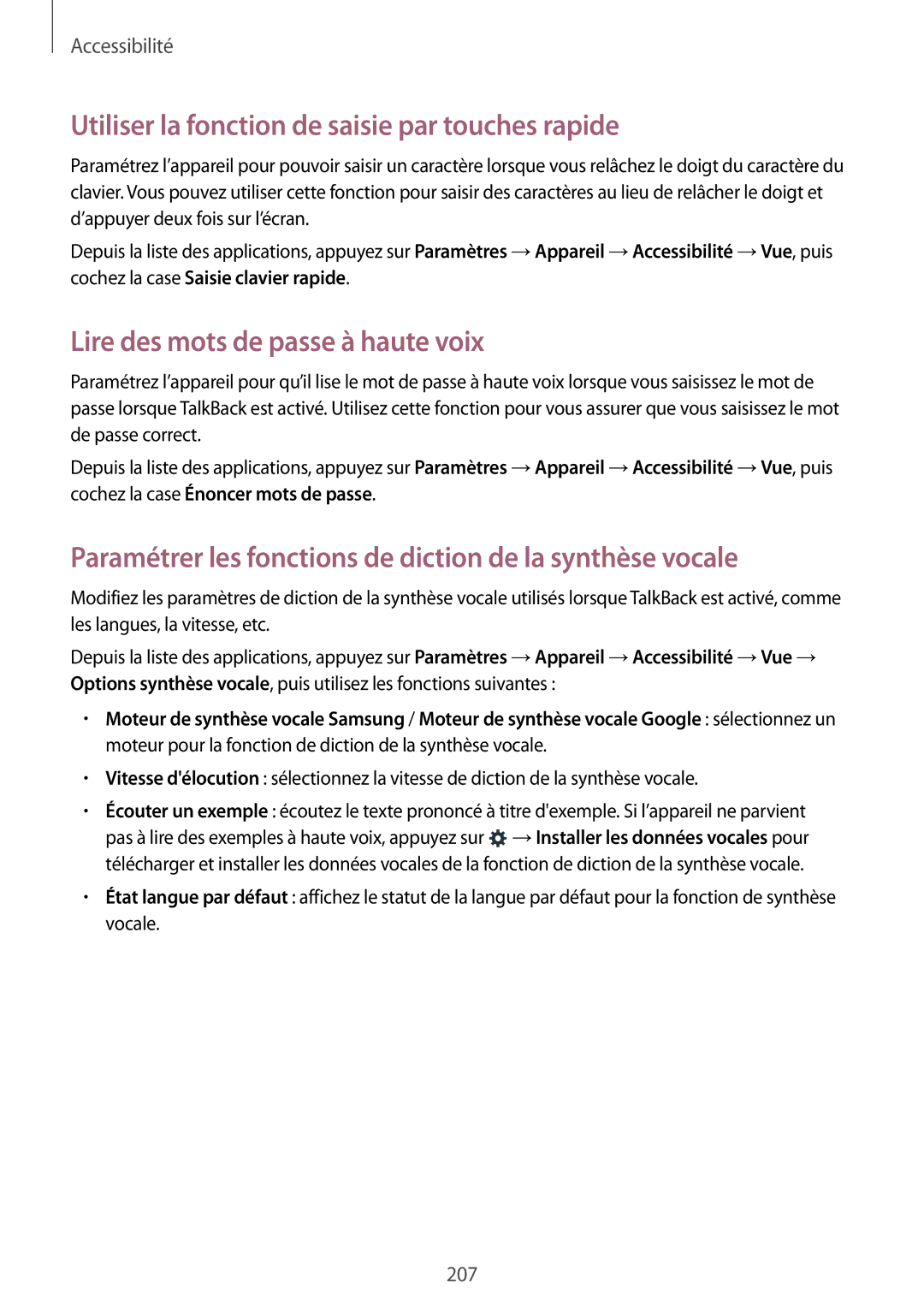 Samsung SM-T705NZWAXEF manual Utiliser la fonction de saisie par touches rapide, Lire des mots de passe à haute voix 