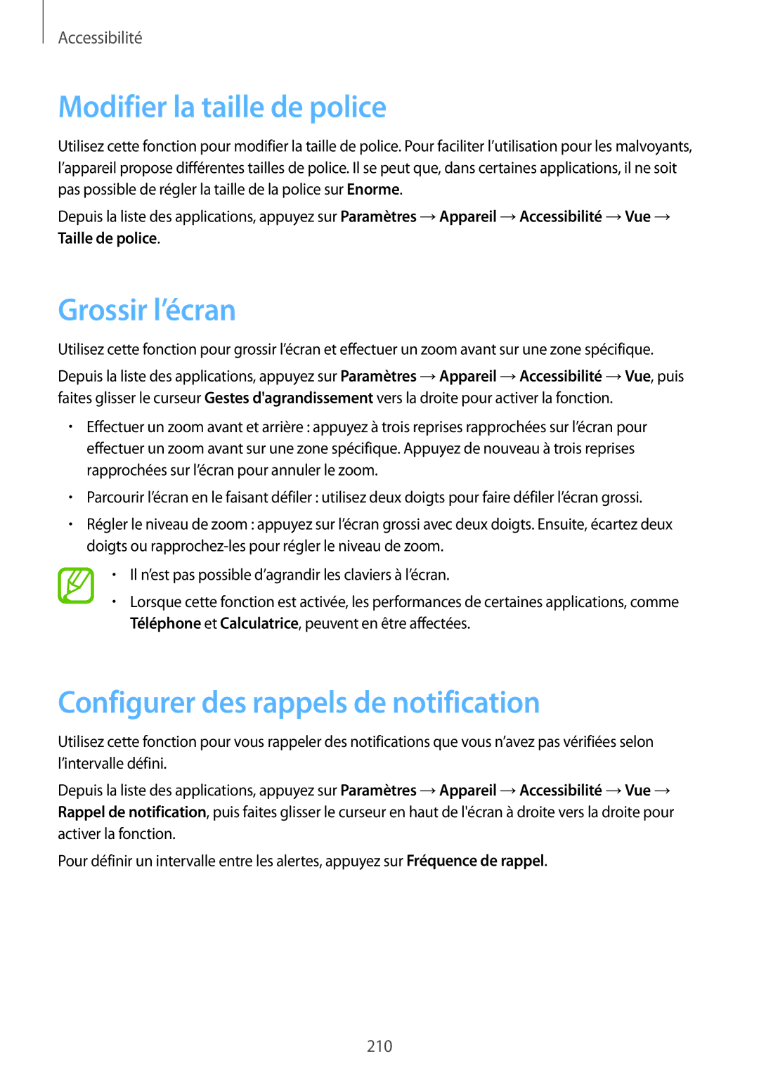 Samsung SM-T705NZWAXEF manual Modifier la taille de police, Grossir l’écran, Configurer des rappels de notification 