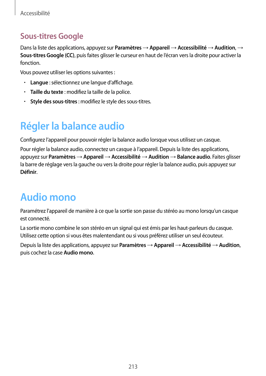 Samsung SM-T705NZWAXEF manual Régler la balance audio, Audio mono, Sous-titres Google 