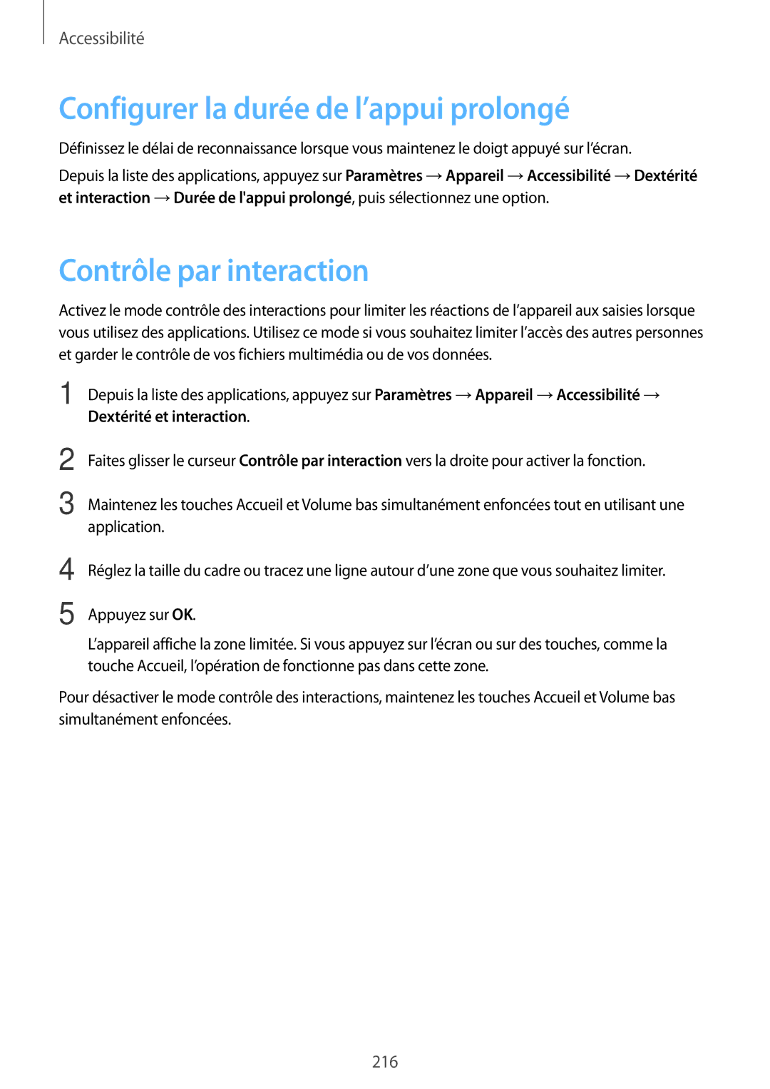 Samsung SM-T705NZWAXEF manual Configurer la durée de l’appui prolongé, Contrôle par interaction 