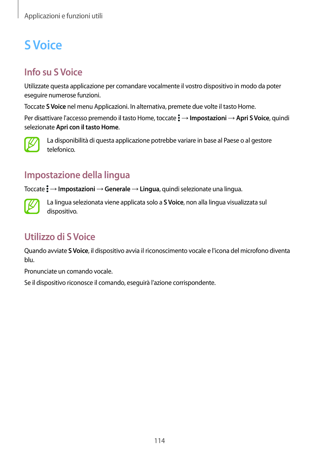 Samsung SM-T705NZWAITV, SM-T705NZWAXEO, SM-T705NTSAITV Info su S Voice, Impostazione della lingua, Utilizzo di S Voice 