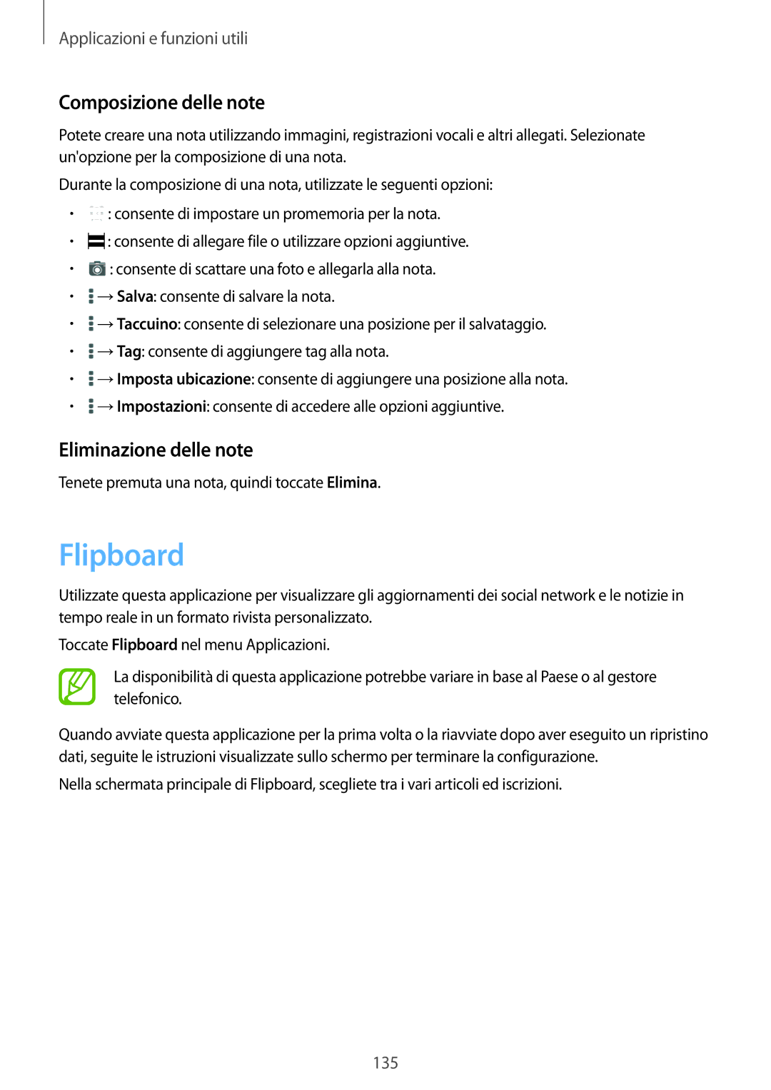 Samsung SM-T705NZWAXEO, SM-T705NTSAITV, SM-T705NZWAAUT manual Flipboard, Composizione delle note, Eliminazione delle note 