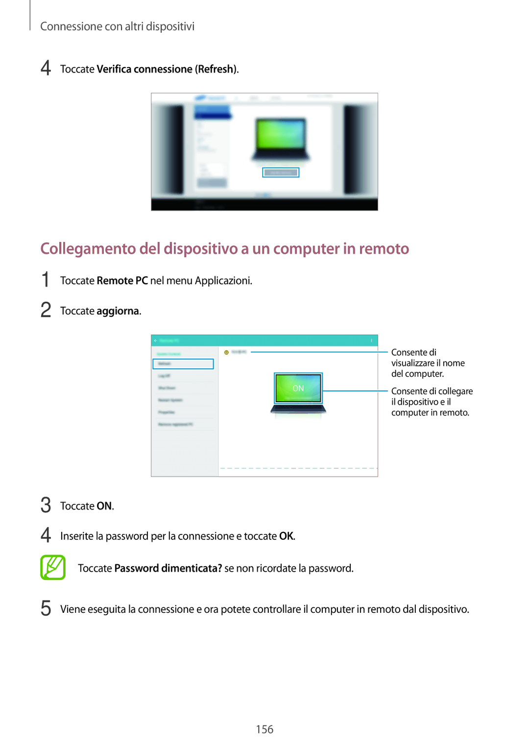 Samsung SM-T705NTSAITV manual Collegamento del dispositivo a un computer in remoto, Toccate Verifica connessione Refresh 