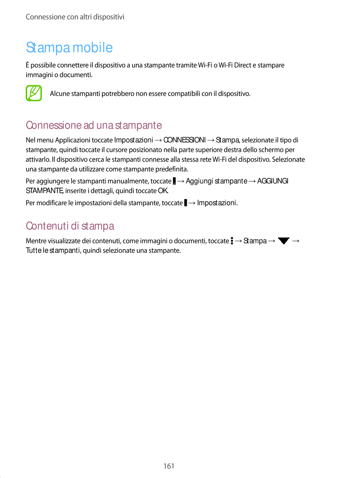 Samsung SM-T705NTSAITV, SM-T705NZWAXEO, SM-T705NZWAAUT Stampa mobile, Connessione ad una stampante, Contenuti di stampa 