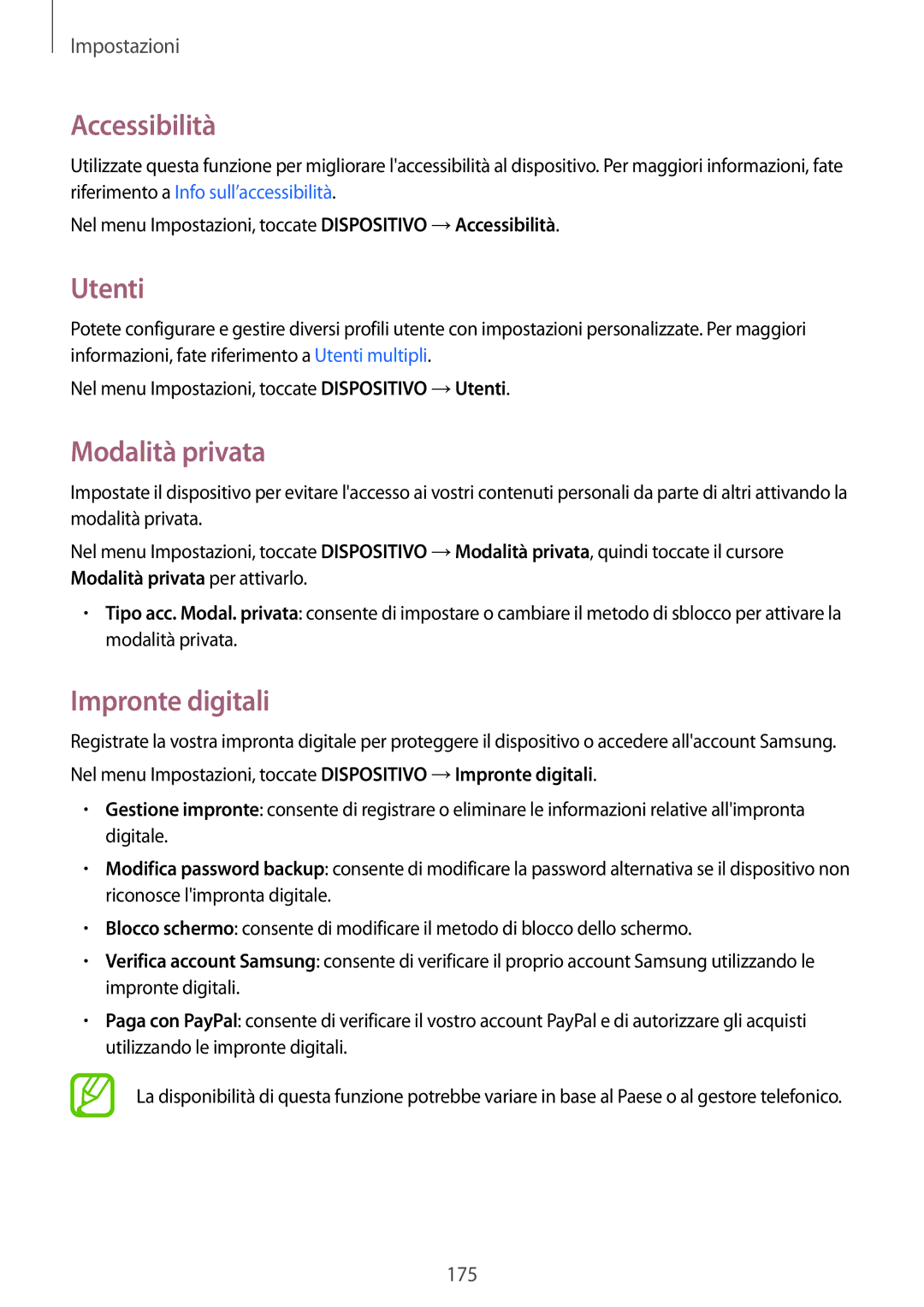 Samsung SM-T705NZWAXEO, SM-T705NTSAITV, SM-T705NZWAAUT manual Accessibilità, Utenti, Modalità privata, Impronte digitali 