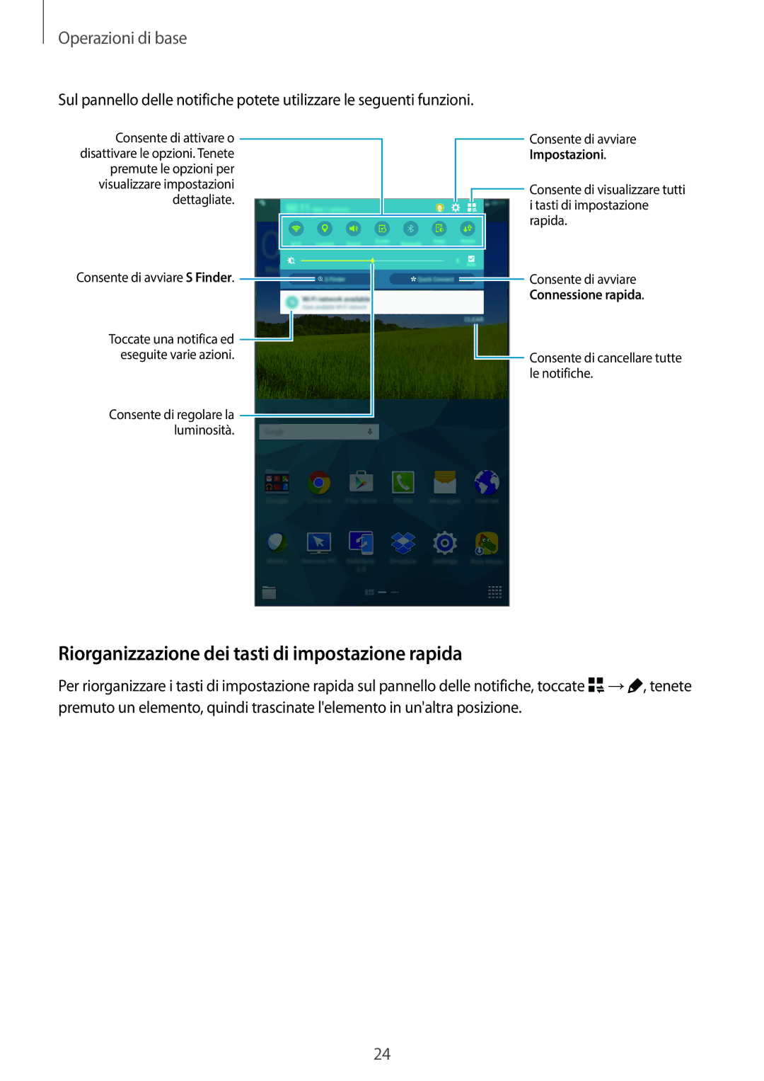 Samsung SM-T705NZWAITV, SM-T705NZWAXEO, SM-T705NTSAITV manual Riorganizzazione dei tasti di impostazione rapida, Impostazioni 