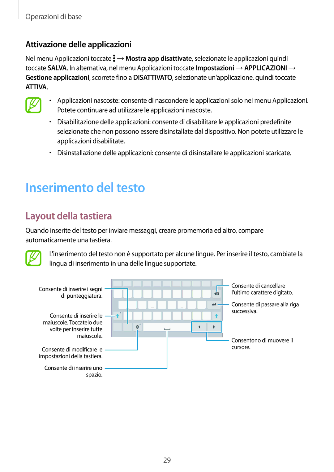 Samsung SM-T705NZWAITV, SM-T705NZWAXEO manual Inserimento del testo, Layout della tastiera, Attivazione delle applicazioni 