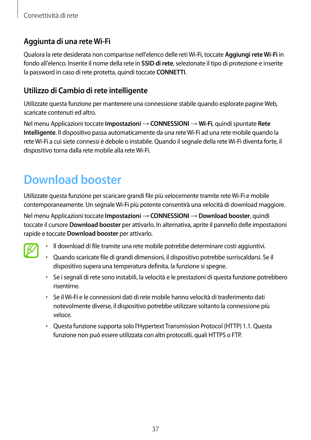 Samsung SM-T705NZWAAUT manual Download booster, Aggiunta di una rete Wi-Fi, Utilizzo di Cambio di rete intelligente 