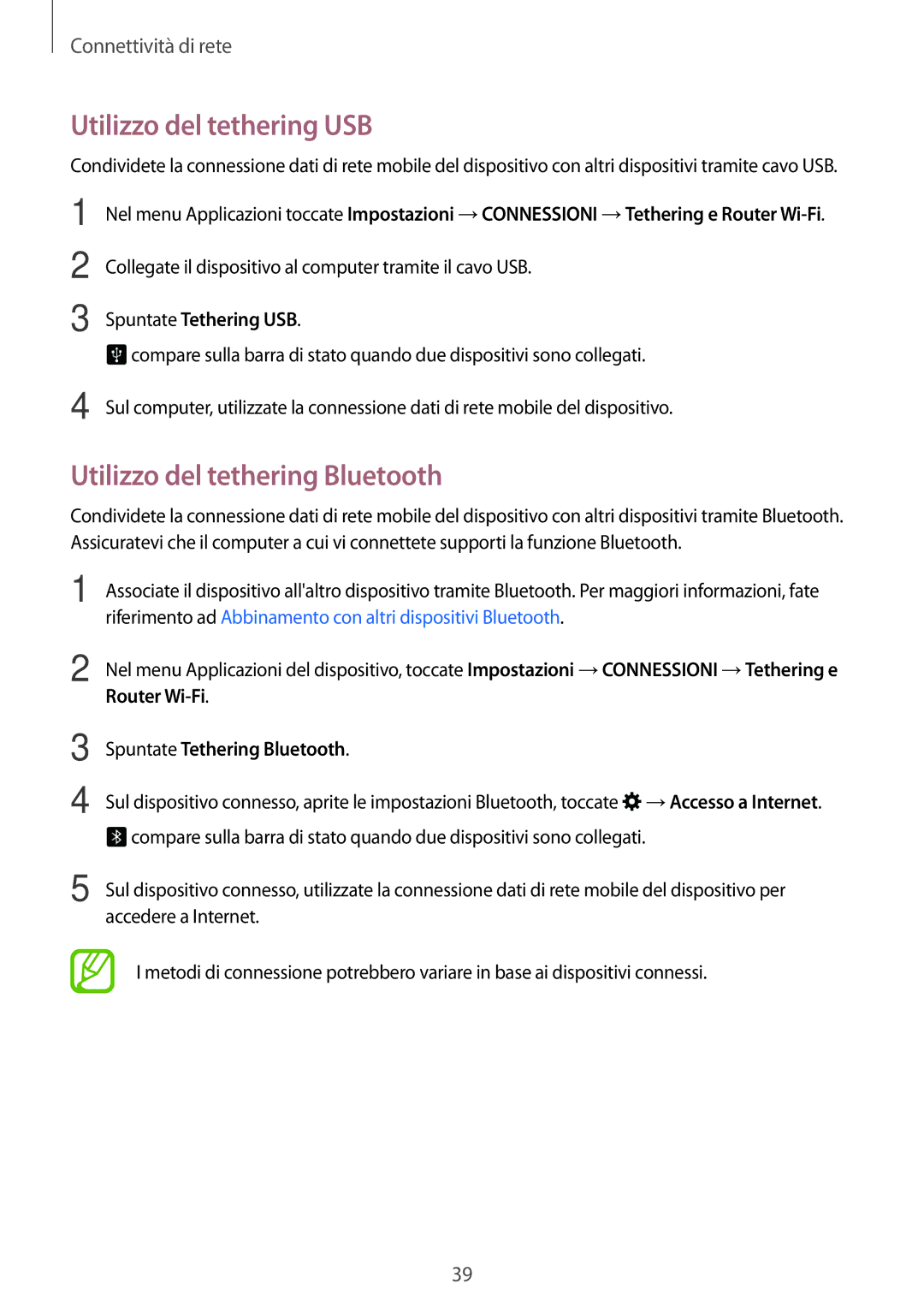 Samsung SM-T705NZWAITV manual Utilizzo del tethering USB, Utilizzo del tethering Bluetooth, Spuntate Tethering USB 