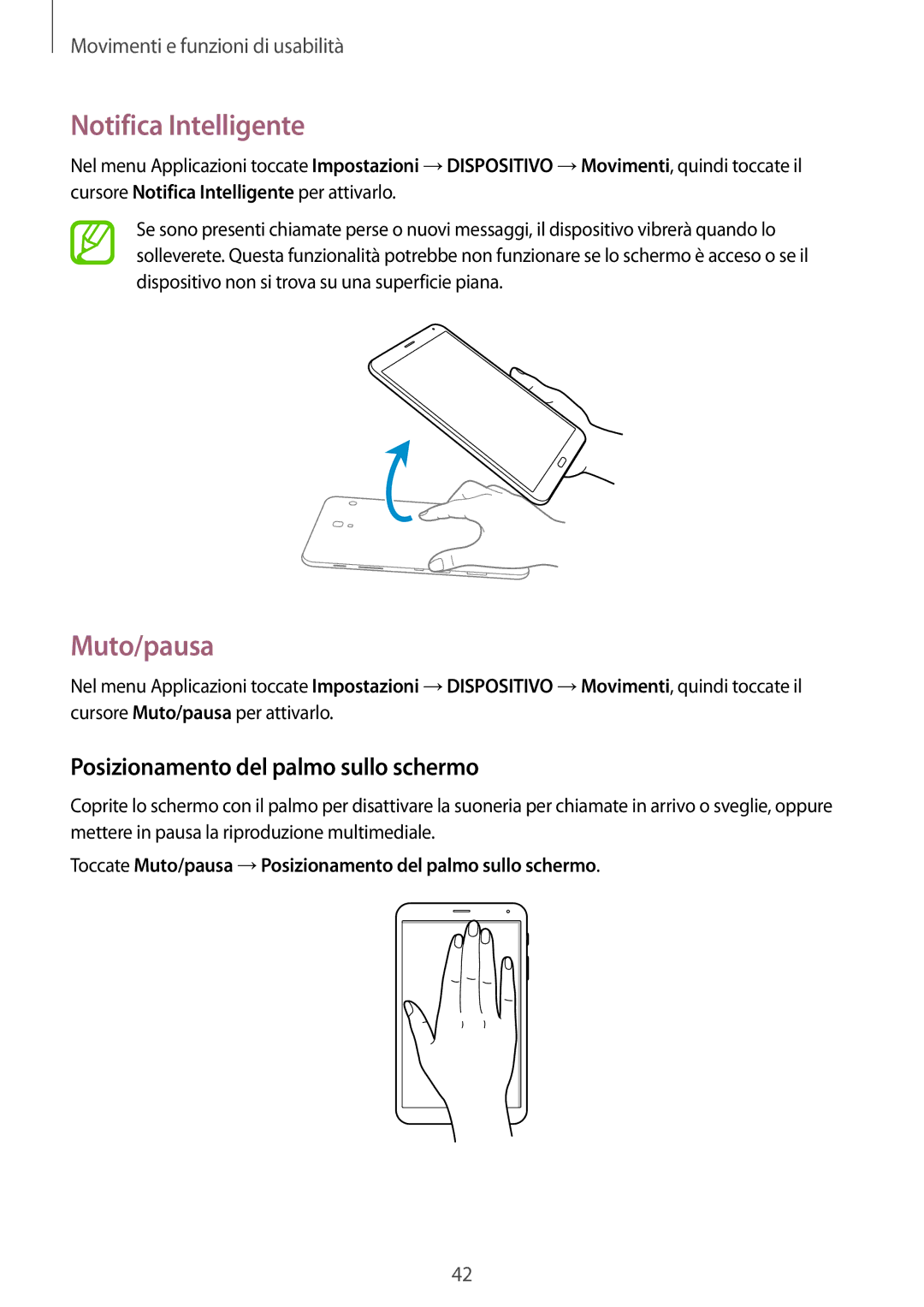 Samsung SM-T705NZWAAUT, SM-T705NZWAXEO manual Notifica Intelligente, Muto/pausa, Posizionamento del palmo sullo schermo 