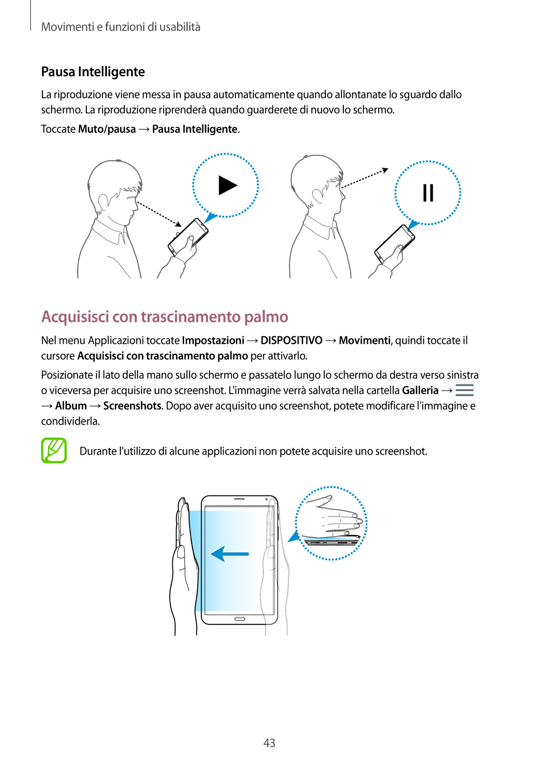 Samsung SM-T705NTSAXEO, SM-T705NZWAXEO manual Acquisisci con trascinamento palmo, Toccate Muto/pausa →Pausa Intelligente 