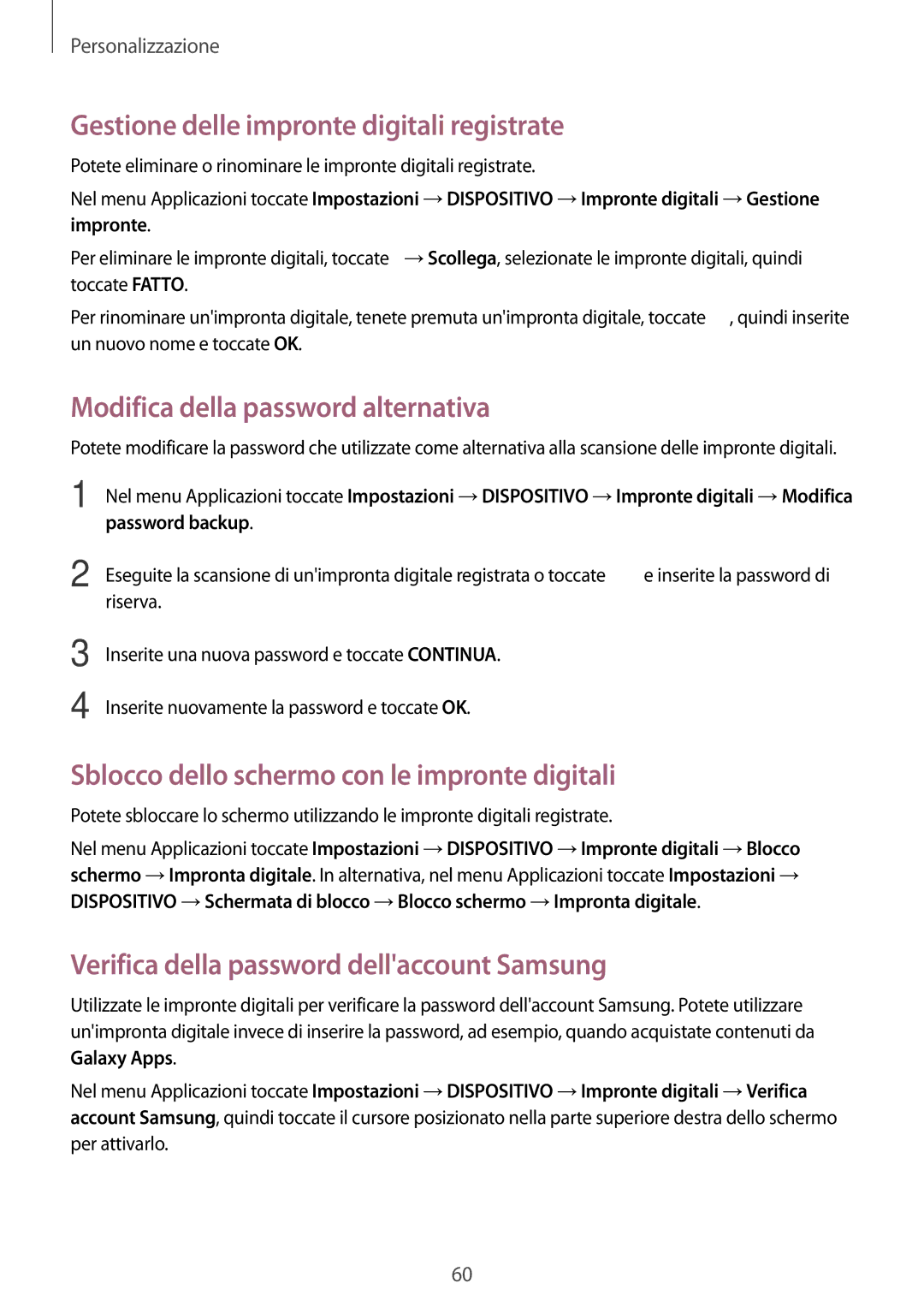 Samsung SM-T705NZWAXEO, SM-T705NTSAITV Gestione delle impronte digitali registrate, Modifica della password alternativa 