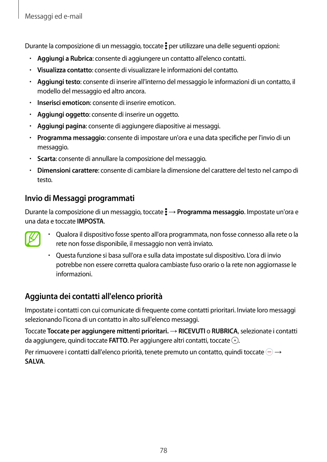 Samsung SM-T705NTSAXEO, SM-T705NZWAXEO manual Invio di Messaggi programmati, Aggiunta dei contatti allelenco priorità 