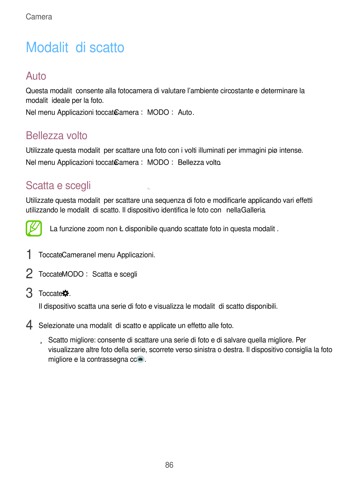 Samsung SM-T705NTSAITV, SM-T705NZWAXEO manual Modalità di scatto, Auto, Bellezza volto, Toccate Modo →Scatta e scegli 