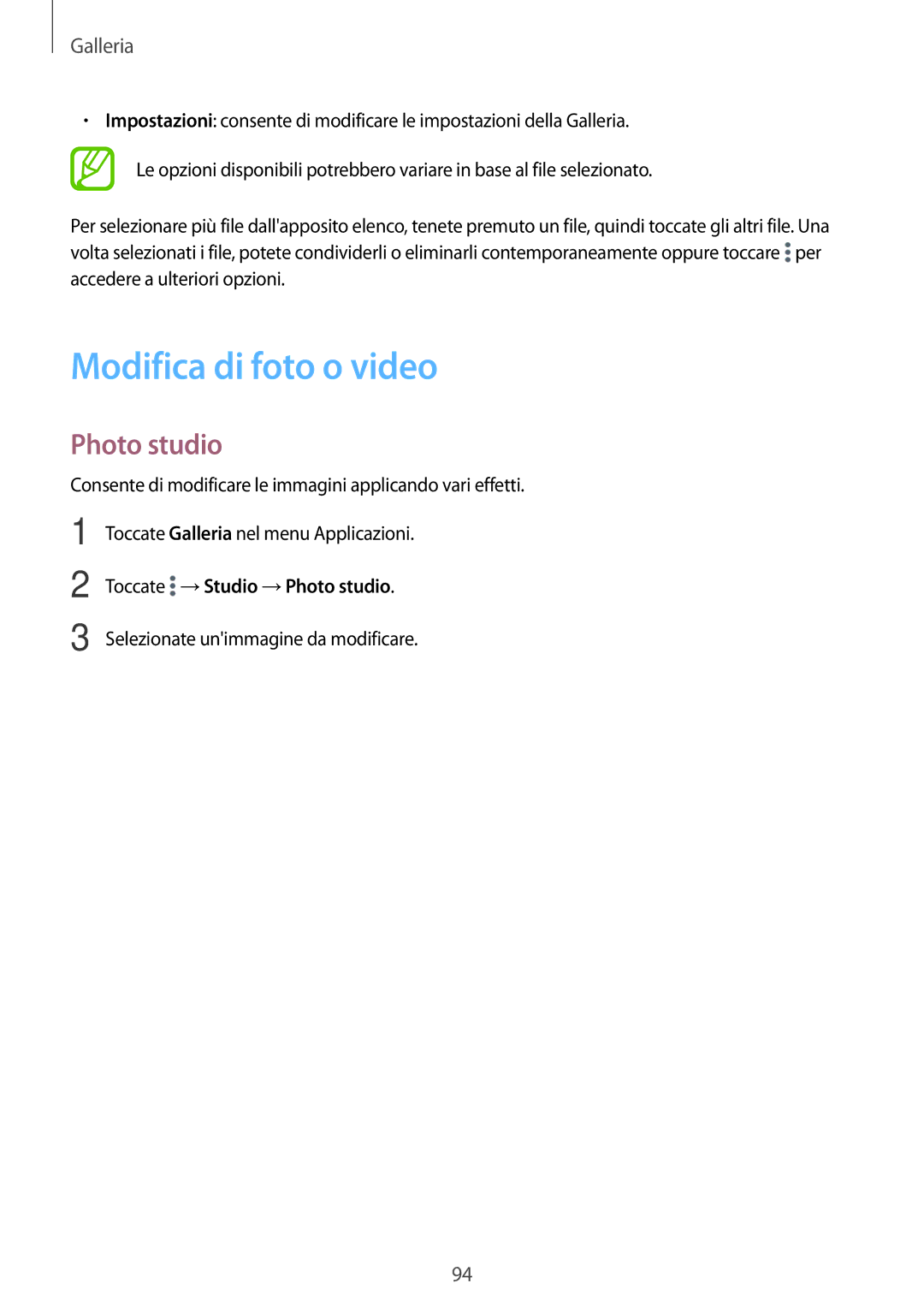 Samsung SM-T705NZWAITV, SM-T705NZWAXEO, SM-T705NTSAITV manual Modifica di foto o video, Toccate →Studio →Photo studio 