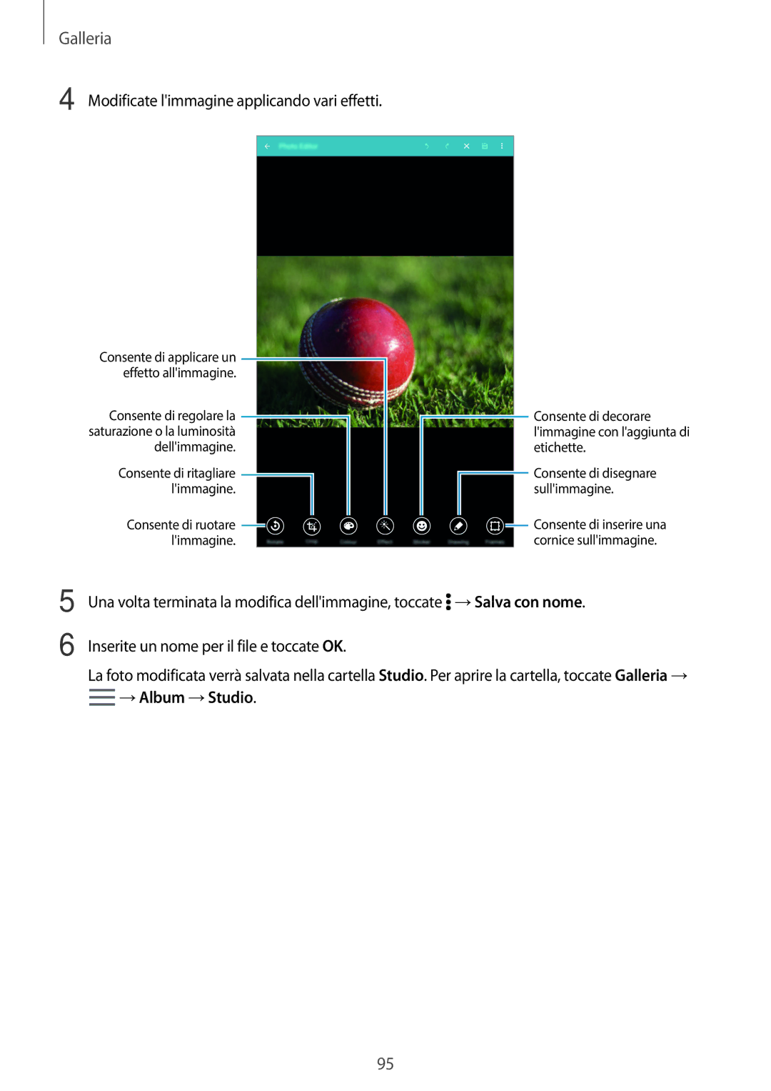 Samsung SM-T705NZWAXEO, SM-T705NTSAITV, SM-T705NZWAAUT manual Modificate limmagine applicando vari effetti, →Album →Studio 