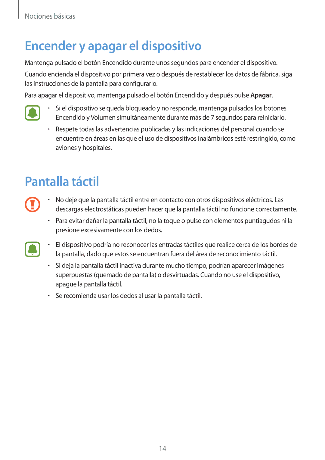 Samsung SM-T710NZKEPHE, SM-T710NZWEPHE manual Encender y apagar el dispositivo, Pantalla táctil 