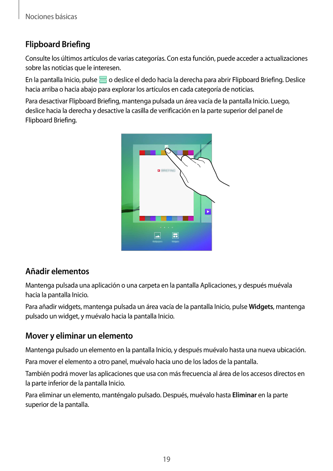 Samsung SM-T710NZWEPHE, SM-T710NZKEPHE manual Flipboard Briefing, Añadir elementos, Mover y eliminar un elemento 