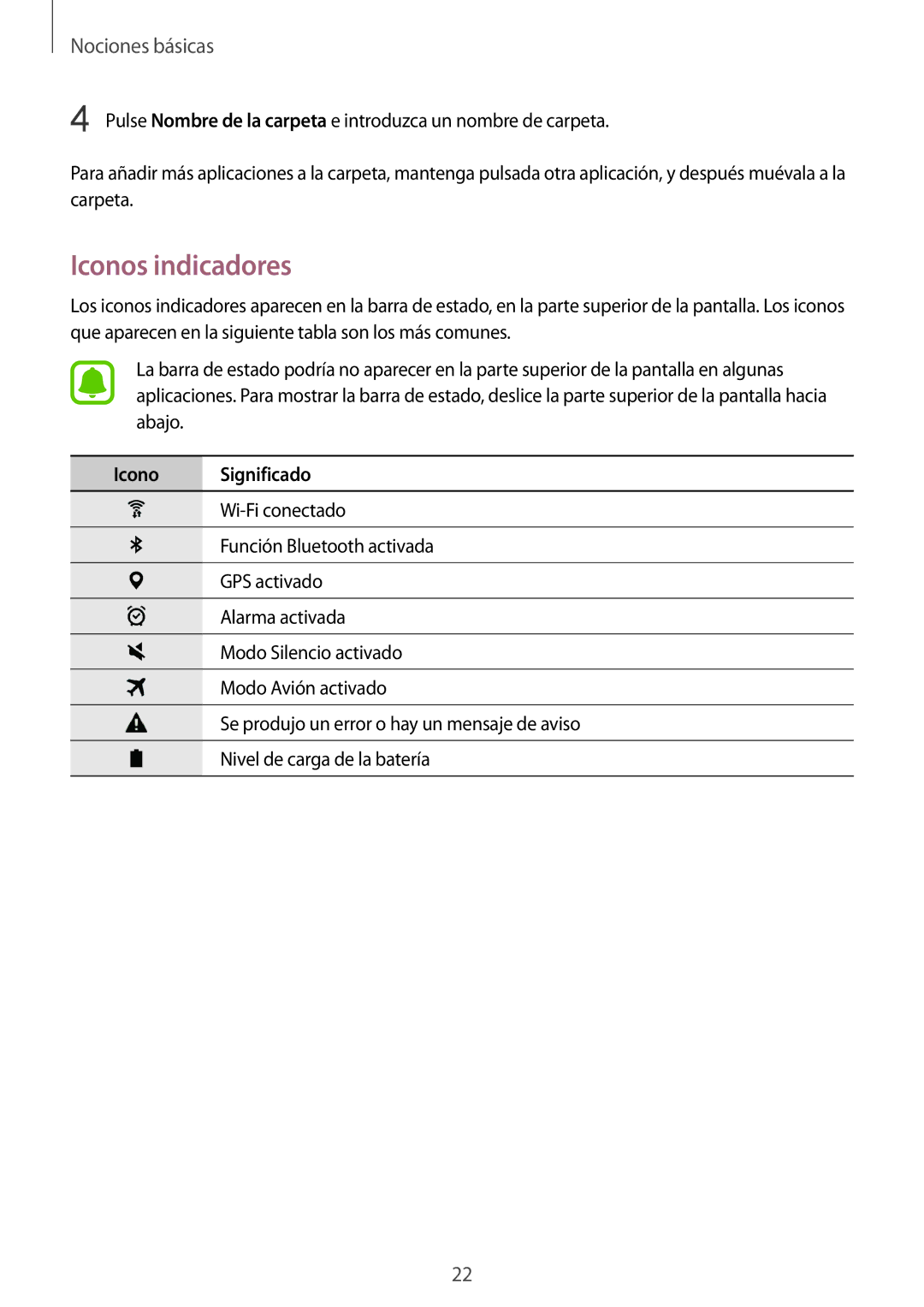 Samsung SM-T710NZKEPHE, SM-T710NZWEPHE manual Iconos indicadores, Icono Significado 