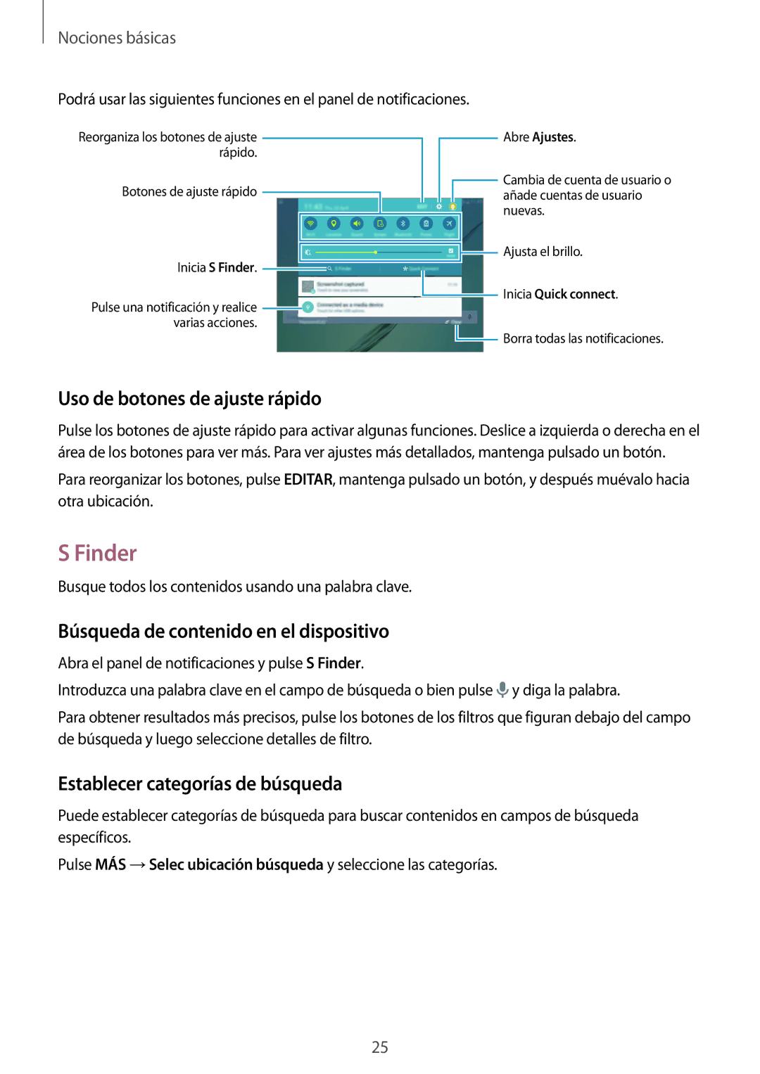 Samsung SM-T710NZWEPHE, SM-T710NZKEPHE Finder, Uso de botones de ajuste rápido, Búsqueda de contenido en el dispositivo 