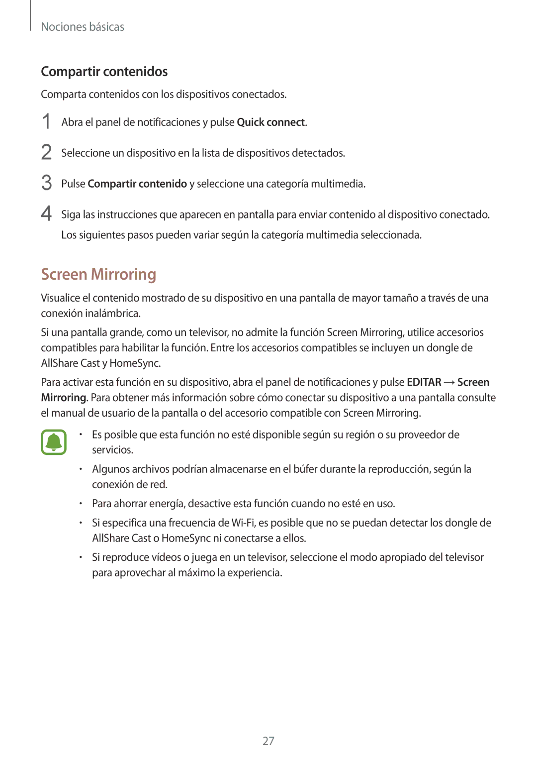 Samsung SM-T710NZWEPHE, SM-T710NZKEPHE manual Screen Mirroring, Compartir contenidos 