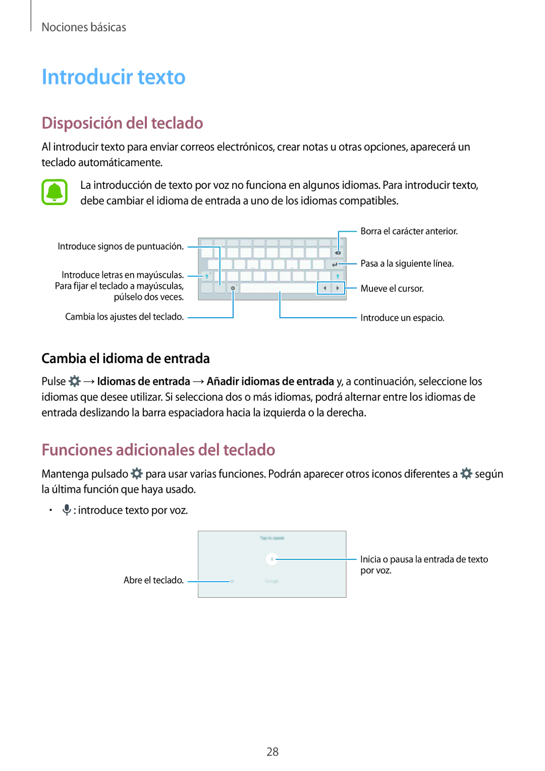 Samsung SM-T710NZKEPHE, SM-T710NZWEPHE manual Introducir texto, Disposición del teclado, Funciones adicionales del teclado 