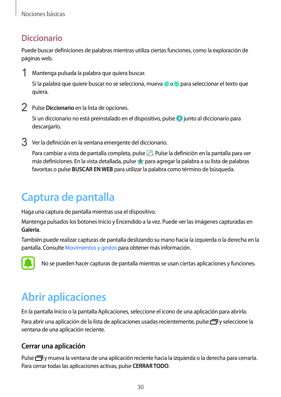 Samsung SM-T710NZKEPHE, SM-T710NZWEPHE manual Captura de pantalla, Abrir aplicaciones, Diccionario, Cerrar una aplicación 