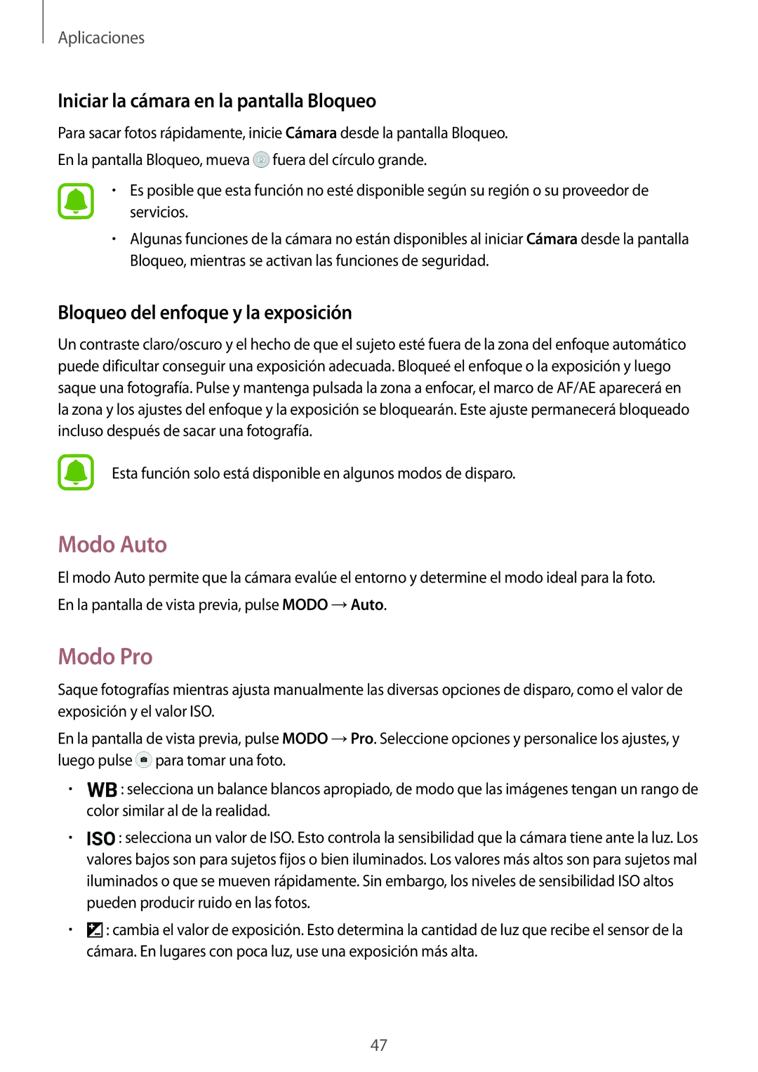 Samsung SM-T710NZWEPHE Modo Auto, Modo Pro, Iniciar la cámara en la pantalla Bloqueo, Bloqueo del enfoque y la exposición 