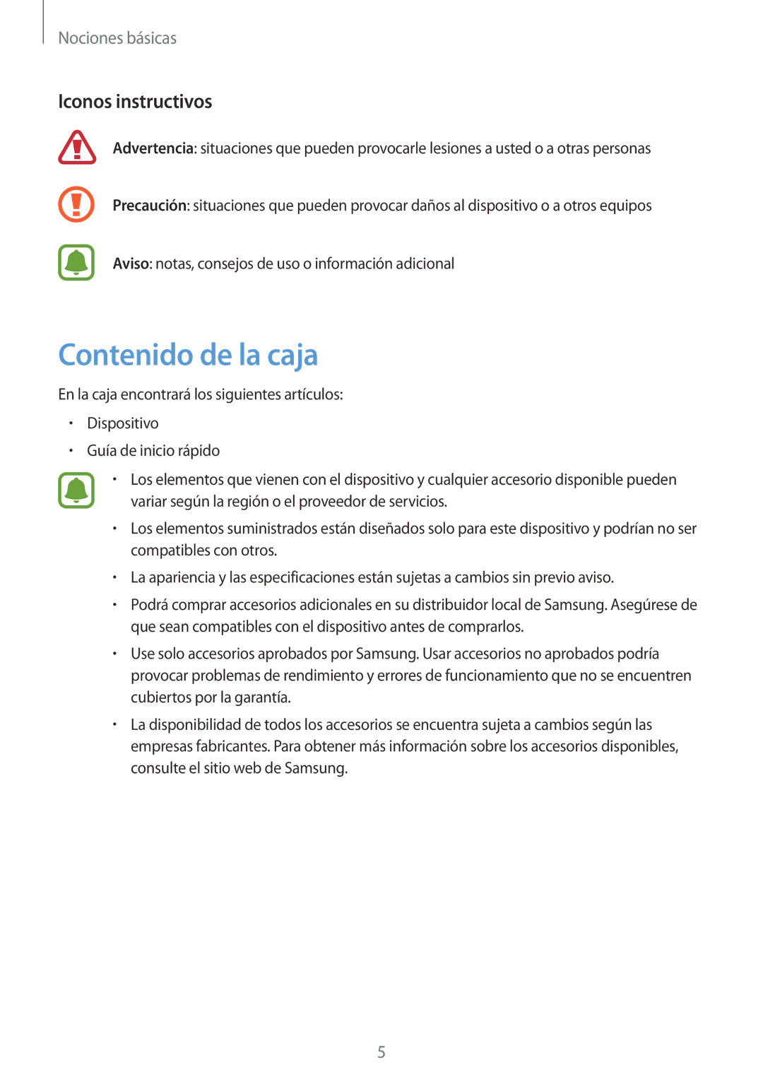 Samsung SM-T710NZWEPHE, SM-T710NZKEPHE manual Contenido de la caja, Iconos instructivos 