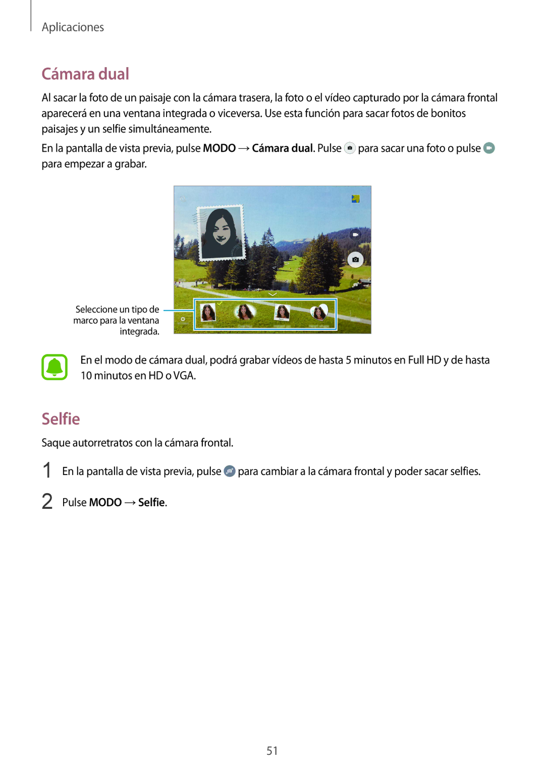 Samsung SM-T710NZWEPHE, SM-T710NZKEPHE manual Cámara dual, Pulse Modo →Selfie 