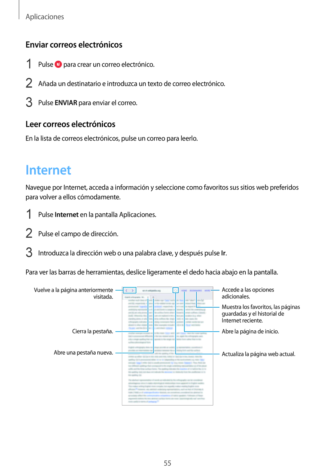 Samsung SM-T710NZWEPHE, SM-T710NZKEPHE manual Internet, Enviar correos electrónicos, Leer correos electrónicos 