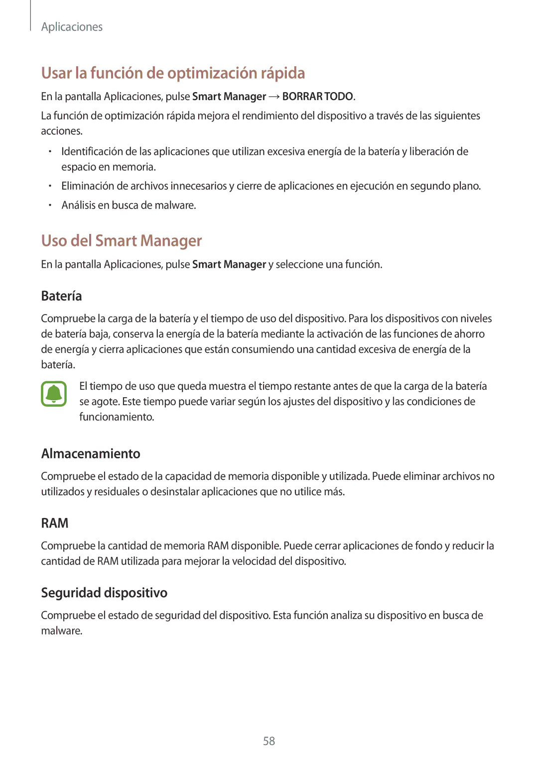 Samsung SM-T710NZKEPHE manual Usar la función de optimización rápida, Uso del Smart Manager, Batería, Almacenamiento 