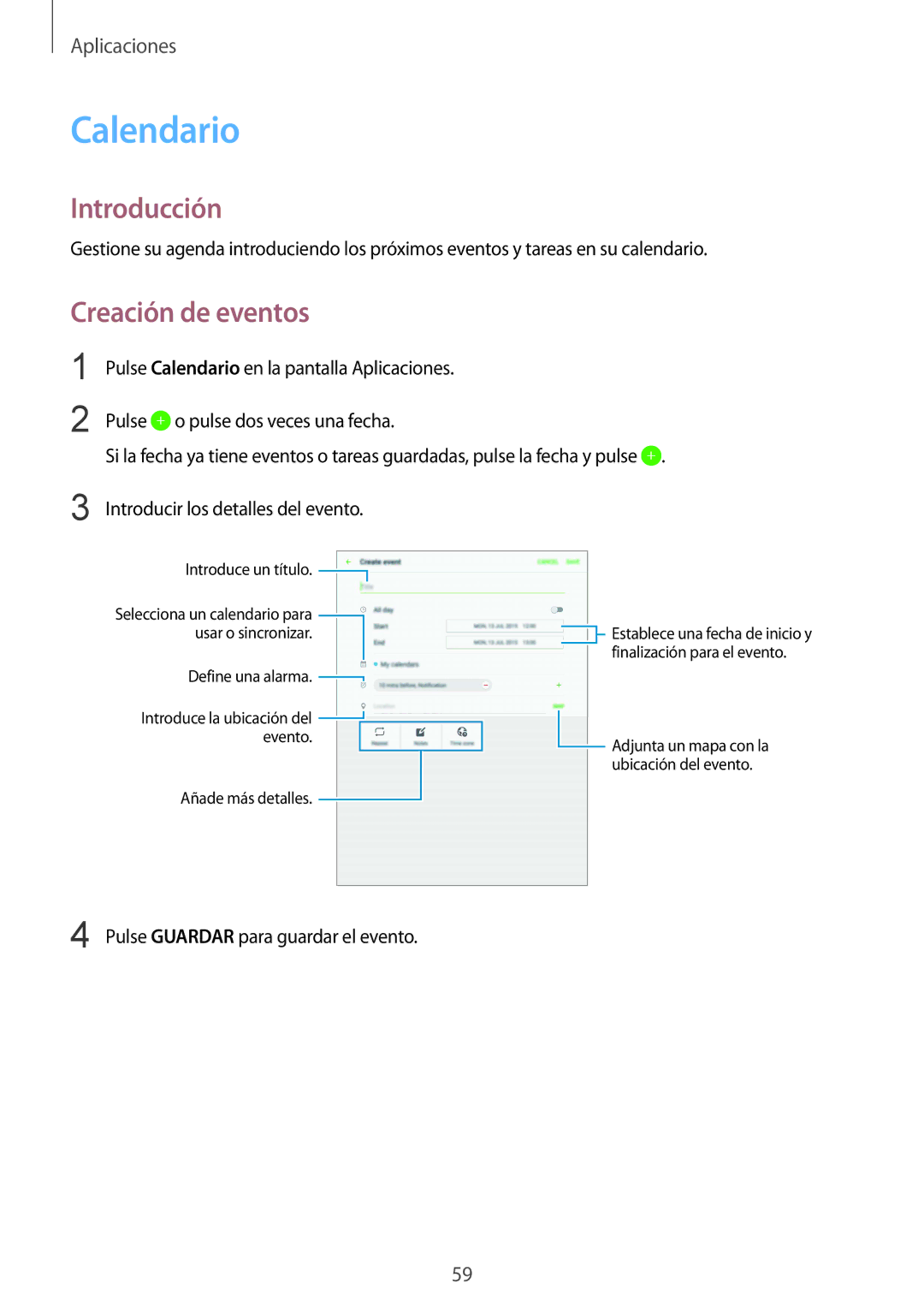 Samsung SM-T710NZWEPHE, SM-T710NZKEPHE manual Calendario, Creación de eventos 