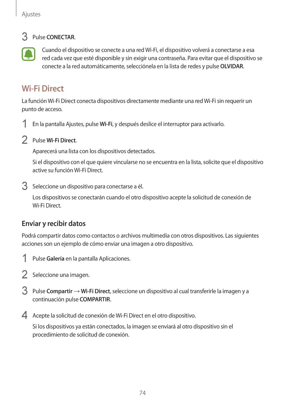 Samsung SM-T710NZKEPHE, SM-T710NZWEPHE manual Enviar y recibir datos, Pulse Conectar, Pulse Wi-Fi Direct 