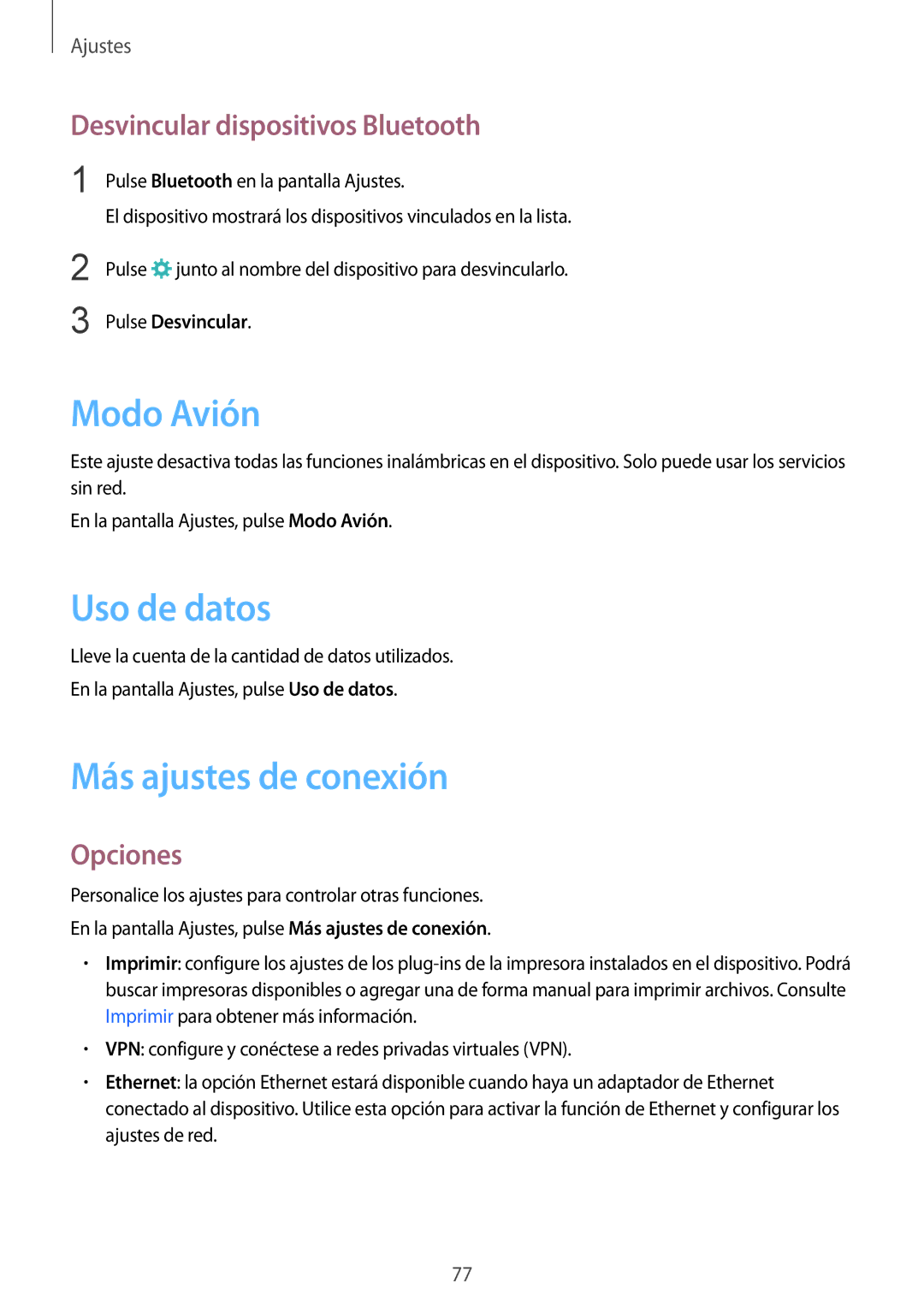 Samsung SM-T710NZWEPHE Modo Avión, Uso de datos, Más ajustes de conexión, Desvincular dispositivos Bluetooth, Opciones 