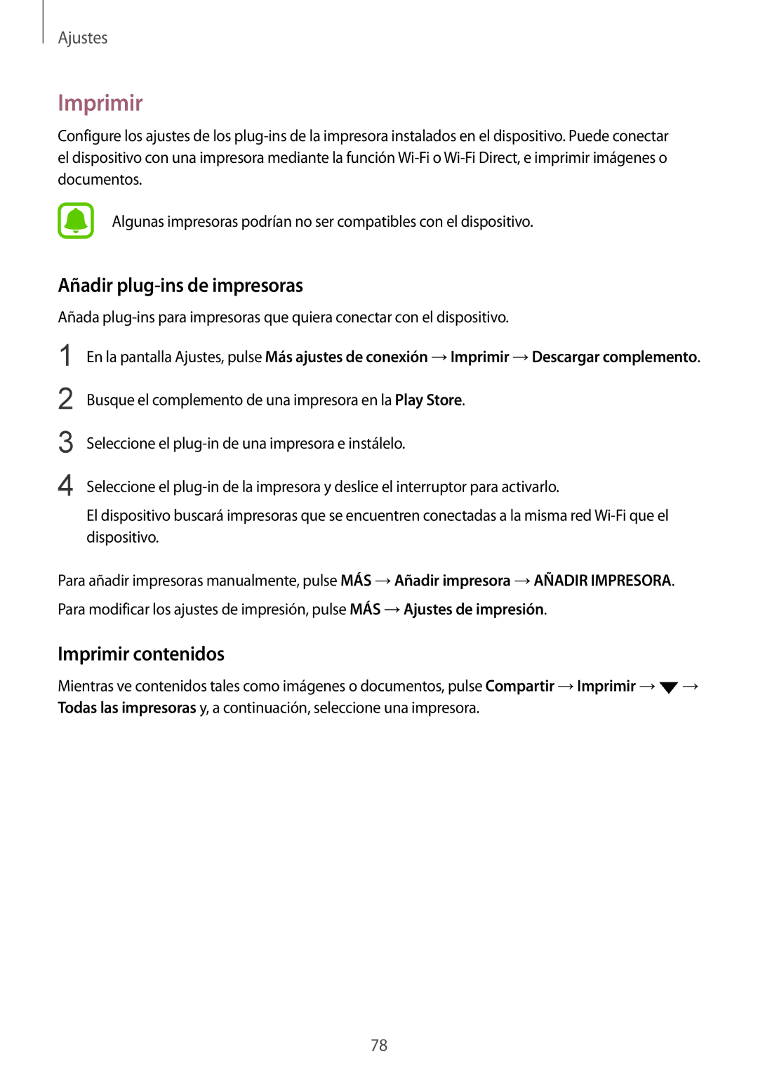 Samsung SM-T710NZKEPHE, SM-T710NZWEPHE manual Añadir plug-ins de impresoras, Imprimir contenidos 