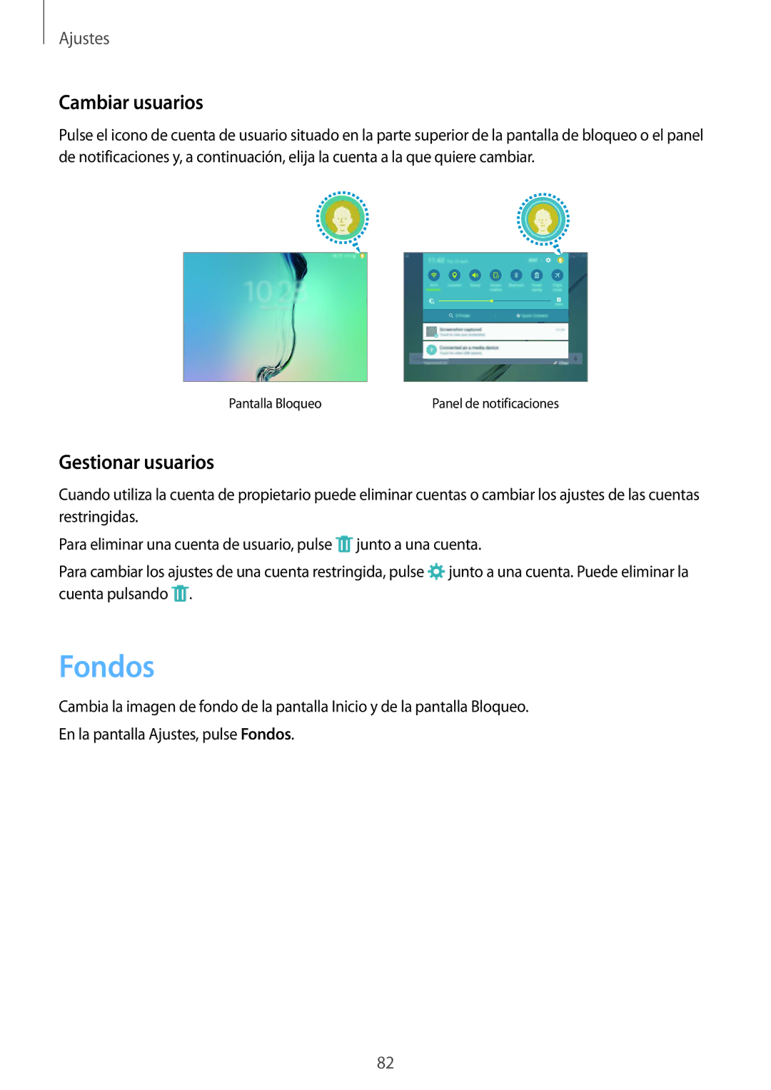 Samsung SM-T710NZKEPHE, SM-T710NZWEPHE manual Fondos, Cambiar usuarios, Gestionar usuarios 