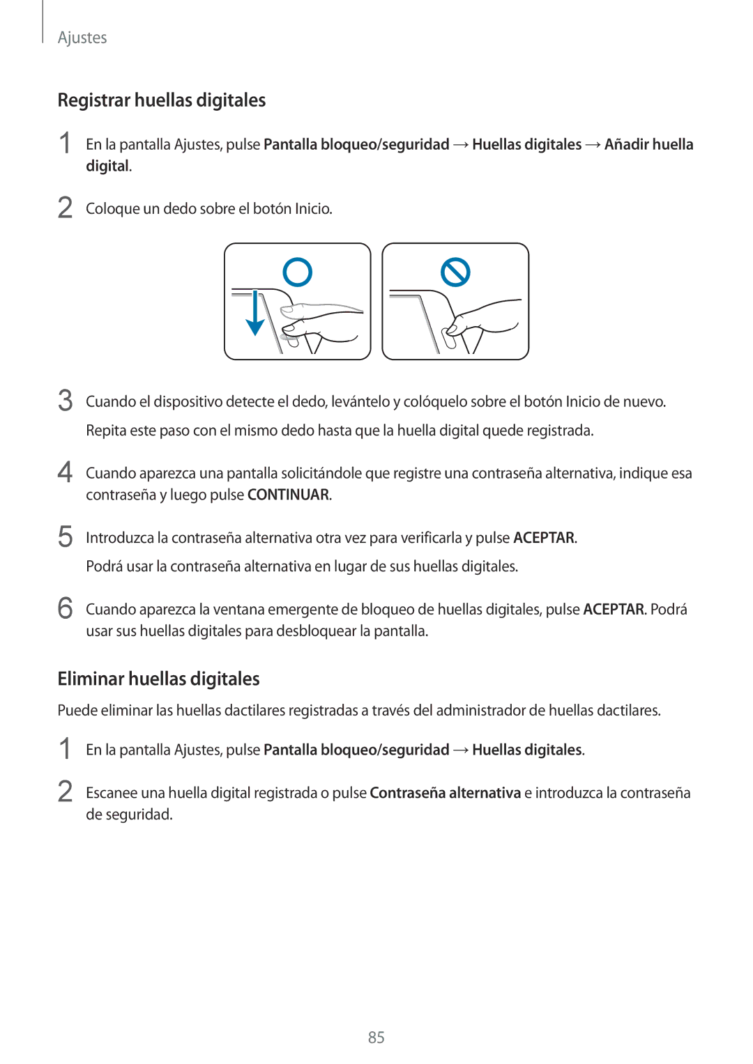 Samsung SM-T710NZWEPHE, SM-T710NZKEPHE manual Registrar huellas digitales, Eliminar huellas digitales 